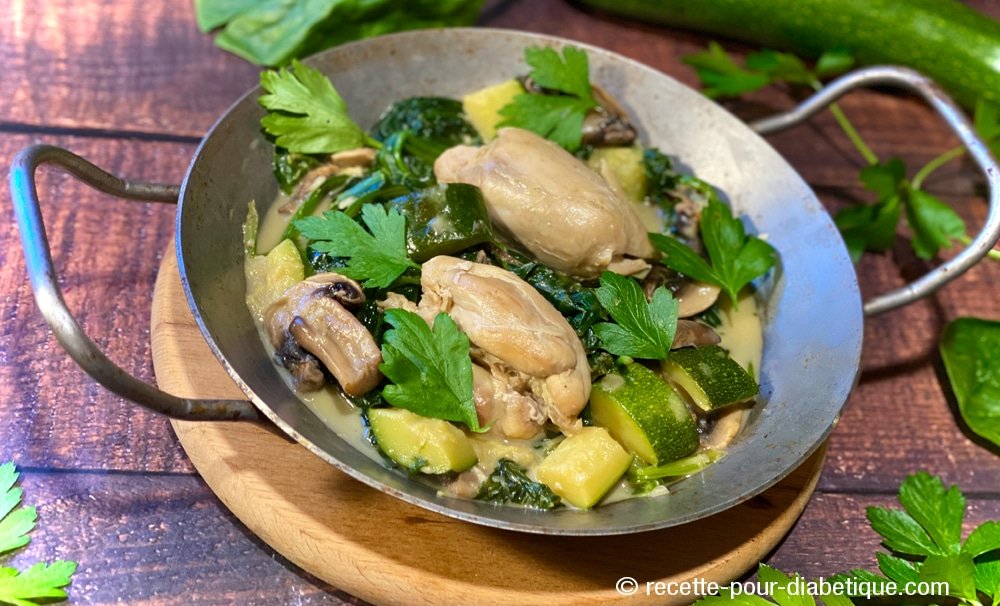 Poulet cuit dans son propre jus, épinards et galettes complètes